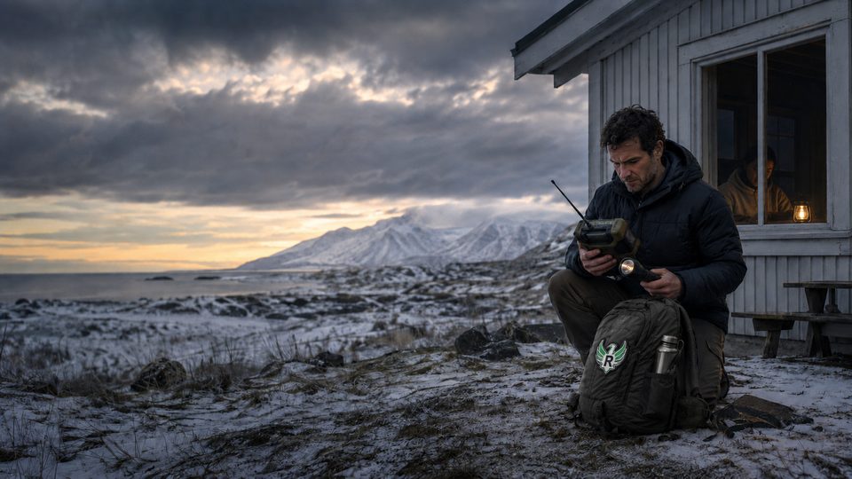 Una persona agachada junto a una vivienda de madera en la costa patagónica, después de una tormenta de invierno. Sostiene una radio a manivela y una linterna; a su lado hay una mochila y un termo. Por la ventana se ve a otra persona y una lámpara encendida. Al fondo, el mar, montañas nevadas y el cielo abriéndose al atardecer.